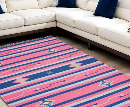 8' X 10' Pink and Blue Southwestern Handmade Area Rug With Fringe