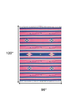 8' X 10' Pink and Blue Southwestern Handmade Area Rug With Fringe