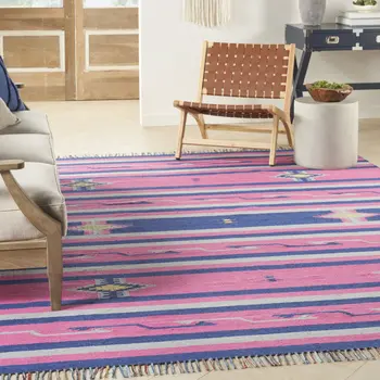 8' X 10' Pink and Blue Southwestern Handmade Area Rug With Fringe