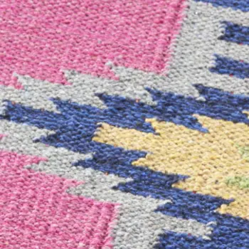 8' X 10' Pink and Blue Southwestern Handmade Area Rug With Fringe