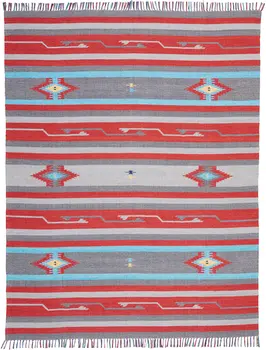 8' X 10' Gray and Red Southwestern Handmade Area Rug With Fringe