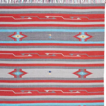 8' X 10' Gray and Red Southwestern Handmade Area Rug With Fringe