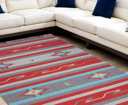 8' X 10' Gray and Red Southwestern Handmade Area Rug With Fringe