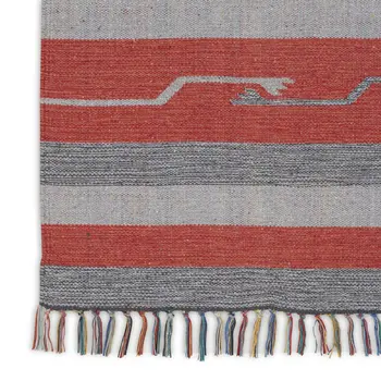 8' X 10' Gray and Red Southwestern Handmade Area Rug With Fringe
