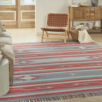 8' X 10' Gray and Red Southwestern Handmade Area Rug With Fringe