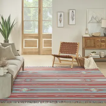 8' X 10' Gray and Red Southwestern Handmade Area Rug With Fringe
