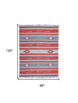 8' X 10' Gray and Red Southwestern Handmade Area Rug With Fringe
