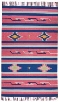 7' X 10' Pink and Blue Southwestern Handmade Area Rug With Fringe