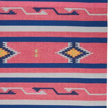 7' X 10' Pink and Blue Southwestern Handmade Area Rug With Fringe