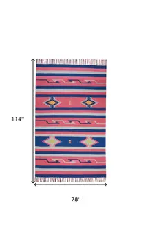 7' X 10' Pink and Blue Southwestern Handmade Area Rug With Fringe