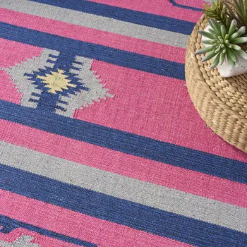 7' X 10' Pink and Blue Southwestern Handmade Area Rug With Fringe