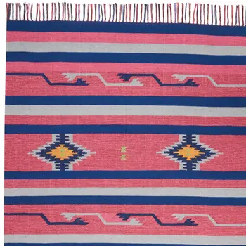 7' X 10' Pink and Blue Southwestern Handmade Area Rug With Fringe