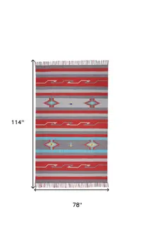 7' X 10' Gray and Red Southwestern Handmade Area Rug With Fringe