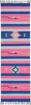 8' Pink And Blue Southwestern Handmade Runner Rug With Fringe