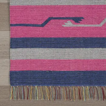 8' Pink And Blue Southwestern Handmade Runner Rug With Fringe