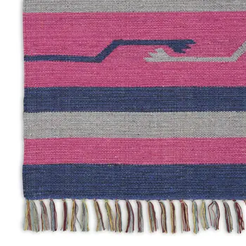 8' Pink And Blue Southwestern Handmade Runner Rug With Fringe