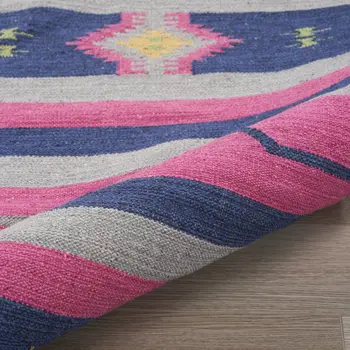 8' Pink And Blue Southwestern Handmade Runner Rug With Fringe