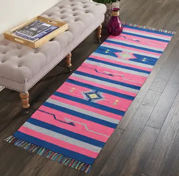 8' Pink And Blue Southwestern Handmade Runner Rug With Fringe