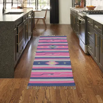 8' Pink And Blue Southwestern Handmade Runner Rug With Fringe