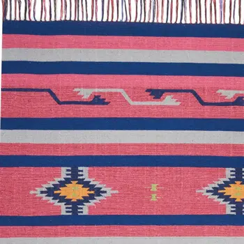 8' Pink And Blue Southwestern Handmade Runner Rug With Fringe