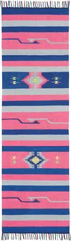 8' Pink And Blue Southwestern Handmade Runner Rug With Fringe