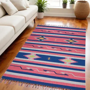 5' X 7' Pink and Blue Southwestern Handmade Area Rug With Fringe