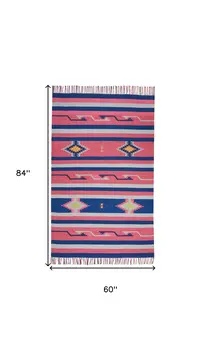 5' X 7' Pink and Blue Southwestern Handmade Area Rug With Fringe