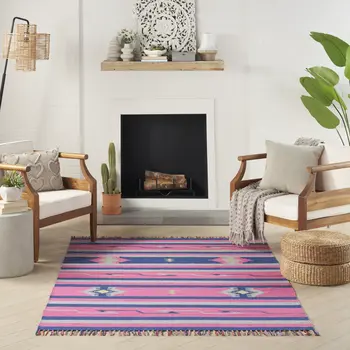 5' X 7' Pink and Blue Southwestern Handmade Area Rug With Fringe