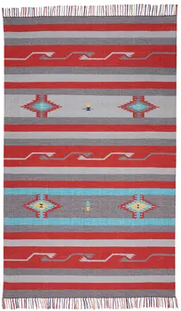 5' X 7' Gray and Red Southwestern Handmade Area Rug With Fringe