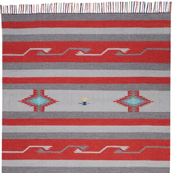 5' X 7' Gray and Red Southwestern Handmade Area Rug With Fringe