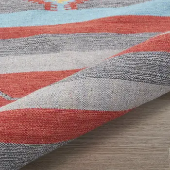 5' X 7' Gray and Red Southwestern Handmade Area Rug With Fringe