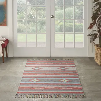 5' X 7' Gray and Red Southwestern Handmade Area Rug With Fringe