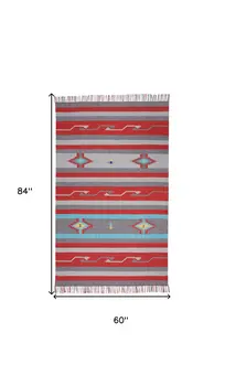 5' X 7' Gray and Red Southwestern Handmade Area Rug With Fringe