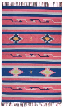 4' X 6' Pink and Blue Southwestern Handmade Area Rug With Fringe