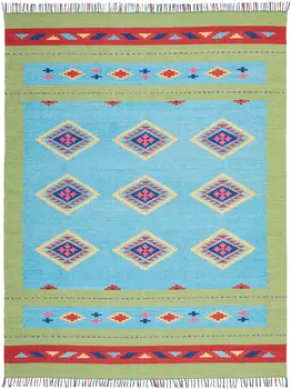 8' X 10' Blue and Yellow Southwestern Handmade Area Rug With Fringe