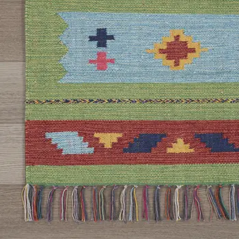 8' X 10' Blue and Yellow Southwestern Handmade Area Rug With Fringe
