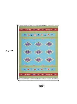 8' X 10' Blue and Yellow Southwestern Handmade Area Rug With Fringe