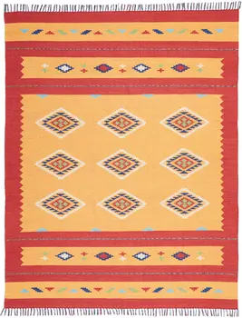8' X 10' Yellow and Red Southwestern Handmade Area Rug With Fringe