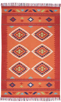7' X 10' Orange and Red Southwestern Handmade Area Rug With Fringe