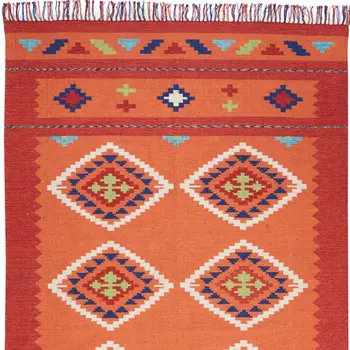 7' X 10' Orange and Red Southwestern Handmade Area Rug With Fringe
