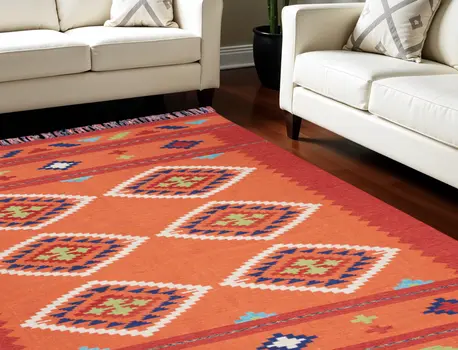 7' X 10' Orange and Red Southwestern Handmade Area Rug With Fringe
