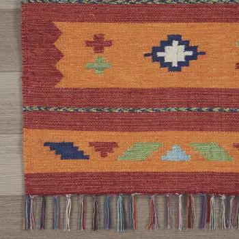 7' X 10' Orange and Red Southwestern Handmade Area Rug With Fringe