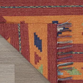 7' X 10' Orange and Red Southwestern Handmade Area Rug With Fringe