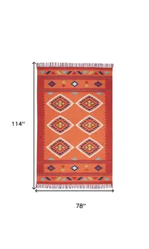 7' X 10' Orange and Red Southwestern Handmade Area Rug With Fringe