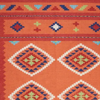 7' X 10' Orange and Red Southwestern Handmade Area Rug With Fringe
