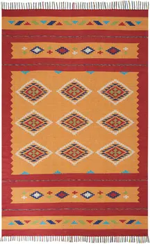 7' X 10' Orange and Red Southwestern Handmade Area Rug With Fringe
