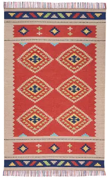 5' X 7' Beige and Red Southwestern Handmade Area Rug With Fringe