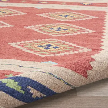 5' X 7' Beige and Red Southwestern Handmade Area Rug With Fringe