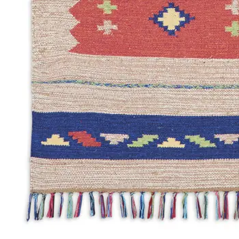 5' X 7' Beige and Red Southwestern Handmade Area Rug With Fringe