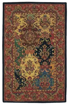 5' X 8' Tan Black and Red Wool Floral Area Rug